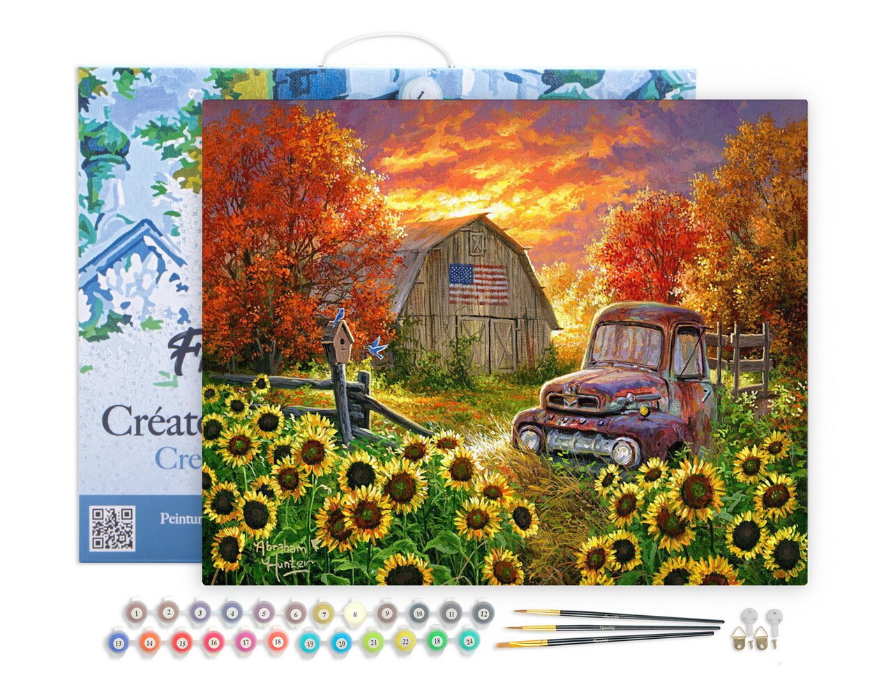 Figured'Art Paint by Numbers Kit for Adults with Frame Sunflowers in front of the barn 16"x20" - Craft Art Painting DIY Kit Canvas Already Stretched on a Wooden Frame